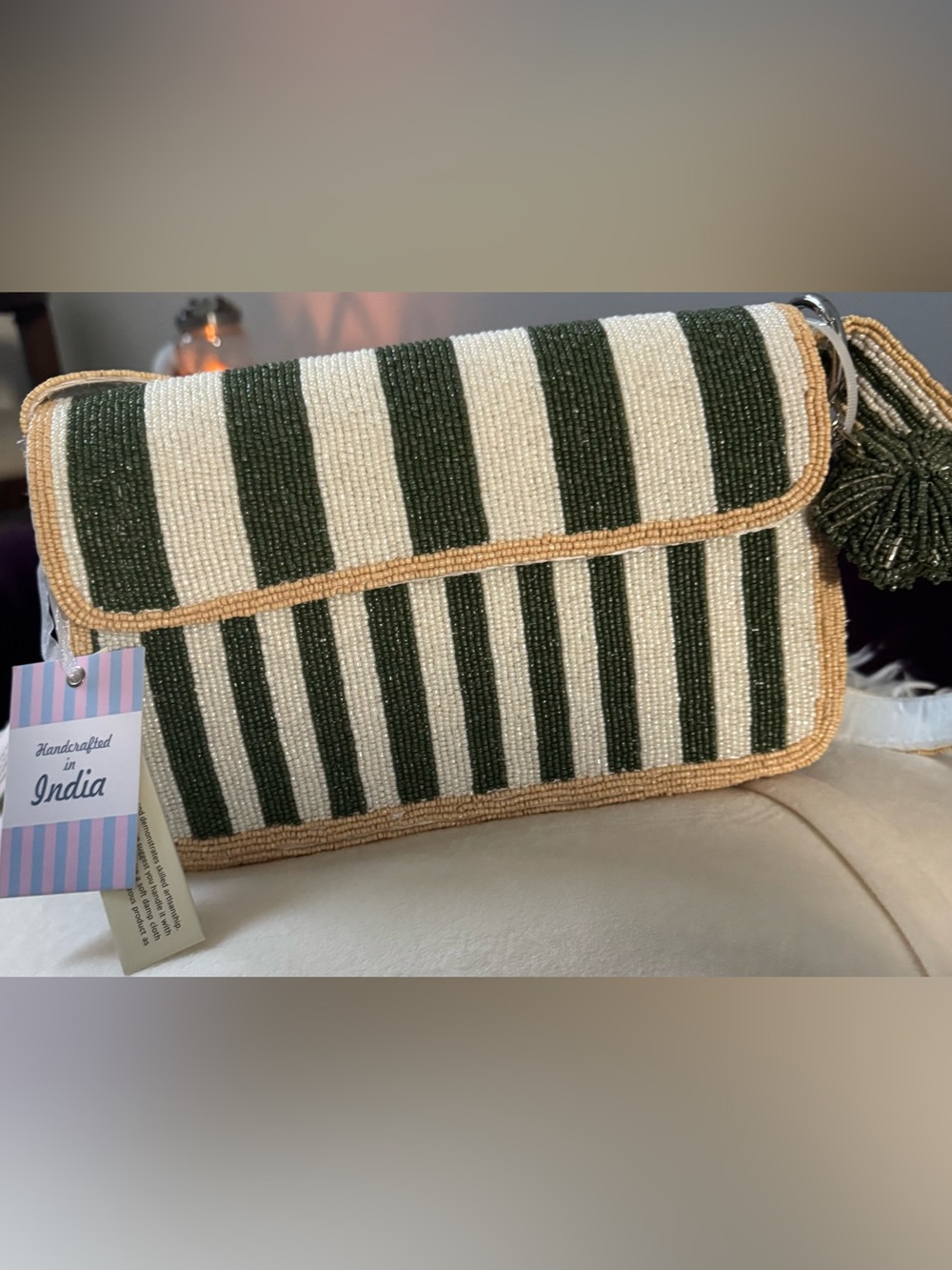 NWT Viral Beaded Green & White Striped Shoulder Bag Handcrafted India